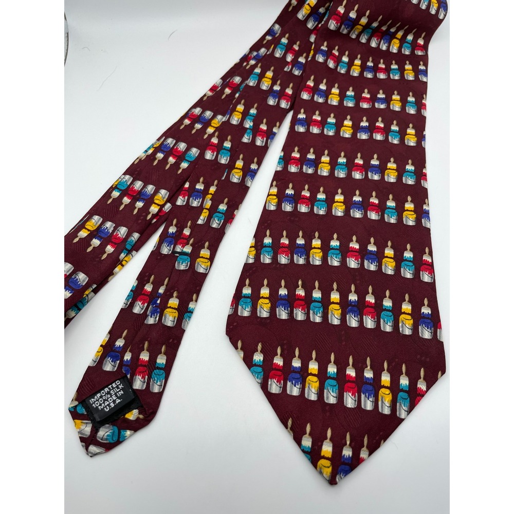 Joe Boxer Mens Silk Tie Burgundy Wet Paint Cans Brushes Art Novelty Made in USA